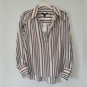 Banana Republic Black and Cream Vertical Stripe Collared Blouse